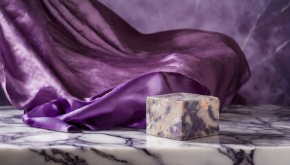 Luxury product placement scene background with stone cube podium on marble table and purple fabric float. Premium beauty and fashion product display mockup. 