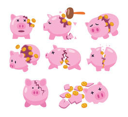 Set of broken piggy bank set collection, Earning money, savings, investment, finance, budet, Financial crisis, recession, business advertising concept, money loss with hammer and coins.