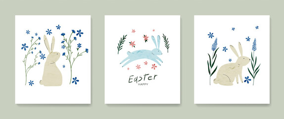 Set of Happy Easter posters. Vector hand drawn pattern of Easter bunnies and spring flowers for the design of cards, covers, decor, textiles, invitations.
