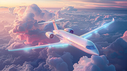 Illustration of an innovative hybrid electric passenger aircraft in flight surrounded by clouds showcasing the future of sustainable air travel - obrazy, fototapety, plakaty