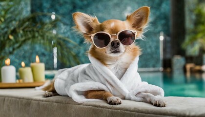Cool funny poodle dog resting and relaxing in spa wellness salon center ,wearing a bathrobe and fancy sunglasses