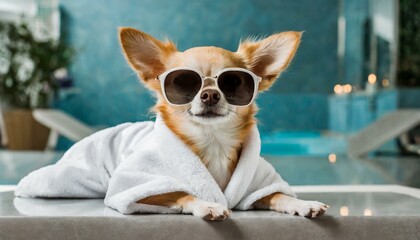Chihuahua dog relaxing and lying, in spa wellness center ,wearing a bathrobe and funny sunglasses