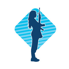 Silhouette of a female soldier carrying machine gun weapon.