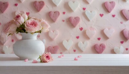 Empty white table top on the background of pink love heart wall