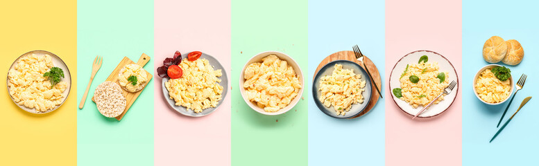 Set of plates with delicious scrambled eggs and rice crackers on color background, top view