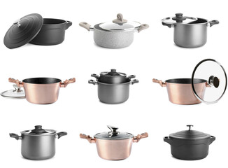 Set of many cooking pots isolated on white