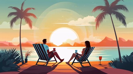 Tropical zone island flat color vector illustration. Beach retreat. Couple drinking cocktails and relaxing along the coastline very cute cartoon characters