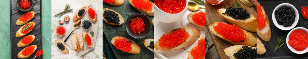 Set of tasty toasts with red and black caviar - obrazy, fototapety, plakaty