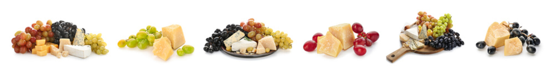 Collage of tasty cheeses and ripe grapes on white background - obrazy, fototapety, plakaty