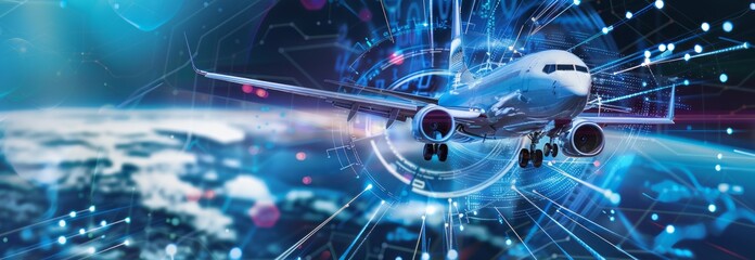 Aerospace technology, blue digital airplane data made by generative AI