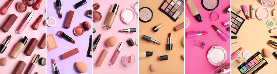 Set of different lipsticks and makeup cosmetics on color background
