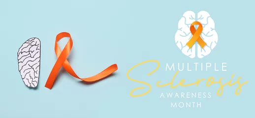 Poster Awareness banner for Multiple Sclerosis Awareness Month with paper brain and orange ribbon © Pixel-Shot