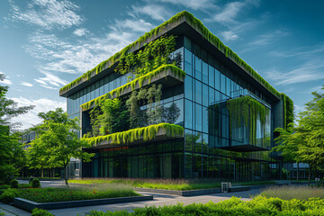 Fototapeta na wymiar Eco friendly modern glass building in green city of the future. Green trees and sustainable futuristic skyscraper. Reducing heat and carbon dioxide. Ecology, green living in city, urban environment