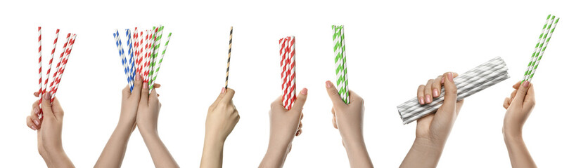 Collection of female hands with cocktail straws on white background - Powered by Adobe