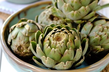 Fototapeta premium Artichokes on a ceramic plate with a rustic aesthetic.