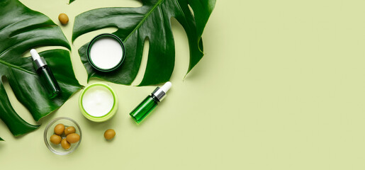 Natural cosmetics, olives and tropical leaves on green background with space for text