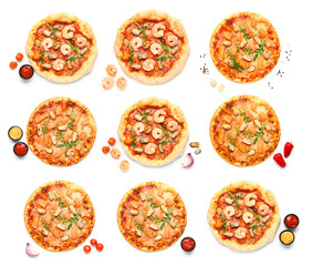 Collection of tasty seafood pizza on white background, top view