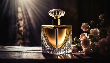 Image of elegant perfume bottle. back light photo. vintage filtered image  - obrazy, fototapety, plakaty