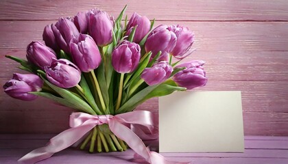 Beautiful bouquet of purple tulips and blank card on pink wooden background 