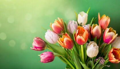 Greeting card, bouquet of beautiful flowers, buds of spring tulips, the gift set on a green background
