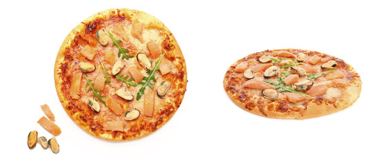 Collage of tasty seafood pizza on white background