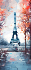 illustration of a paris cafe trees and the eiffel tower springtime in paris, ai generative