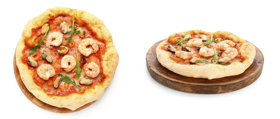 Collage of tasty seafood pizza on white background, top view
