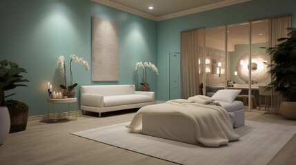 Luxurious Zen Spa Interior: Minimalist Wellness Sanctuary with Soft Lighting and Peaceful Atmosphere