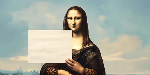 an abstract realistic painting of the Mona Lisa holding a blank sign or a placard isolated on a sky background, header or banner