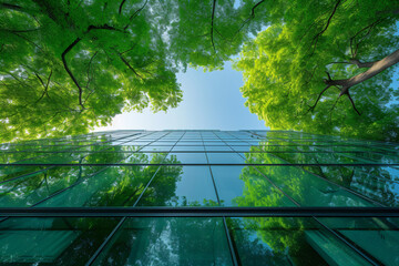 Eco friendly modern glass building in green city of the future. Green trees and sustainable futuristic skyscraper. Reducing heat and carbon dioxide.  Ecology, green living in city, urban environment