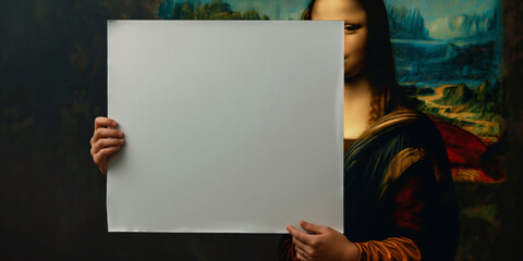 an abstract realistic painting of the Mona Lisa holding a blank sign or a placard, wide banner, header