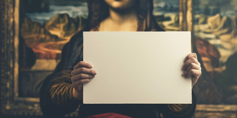 an abstract realistic painting of the Mona Lisa holding a blank sign or a placard, wide banner, header