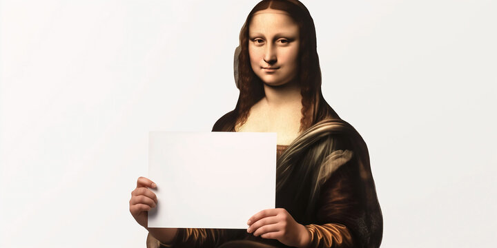 an abstract realistic painting of the Mona Lisa holding a blank sign or a placard  isolated on a white background, header or banner