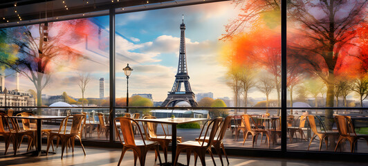 illustration of a paris cafe trees and the eiffel tower springtime in paris, ai generative