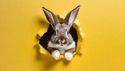 Bunny peeking out of a hole in yellow wall, fluffy eared bunny easter bunny banner, rabbit jump out torn hole