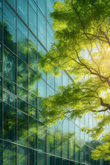 Eco friendly modern glass building in green city of the future. Green trees and sustainable futuristic skyscraper. Reducing heat and carbon dioxide.  Ecology, green living in city, urban environment