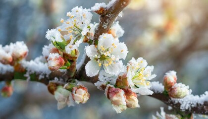 Obraz premium Frost on Fruit Tree Blossoms. Protecting Fruit Trees From Frost Damage. Frost Damage on Buds in Blossom Tree Fruit