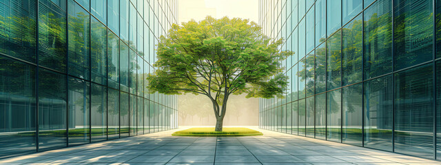 Eco friendly modern glass building in green city of the future. Green trees and sustainable...
