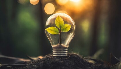 Saving energy and environment. Tree growth in light bulb for saving Ecology energy nature. Eco and technology concept. - obrazy, fototapety, plakaty