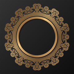 Golden frame with ornament in circle on black background. Luxury gold mandala. - Vector.