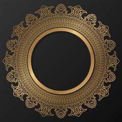 Golden frame with ornament in circle on black background. Luxury gold mandala. - Vector.