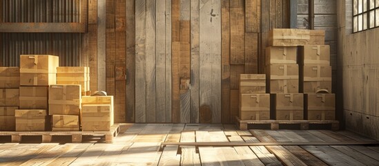 Numerous wooden boxes and parcels are densely packed and stacked on wooden pallets in a warehouse, ready for shipment and distribution.