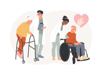 Care for the elderly isolated concept vector illustration. Eldercare, senior homesick nursing, care services, happy on wheelchair, home support, retired people, nursing home vector concept.
