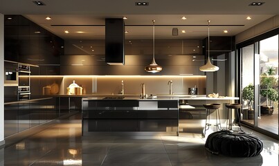 A stylish apartment with a modern kitchen at its heart seamlessly merging into the living area - obrazy, fototapety, plakaty