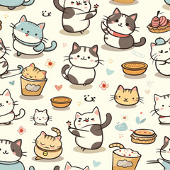 Cats and Cafe Delights Pattern Wallpaper