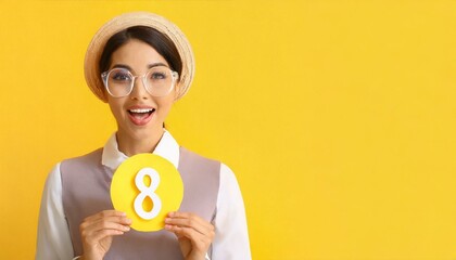 Surprised woman with paper figure 8 on yellow background with space for text. International Women's...