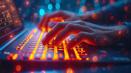 Close-up photo of a person's hands typing on a laptop keyboard at night. The keyboard keys are backlit, illuminating the fingers and surrounding area. - obrazy, fototapety, plakaty