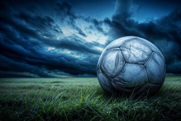 Fototapeta premium Close-up of old soccer ball in the stadium in the evening light
