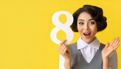 Surprised woman with paper figure 8 on yellow background with space for text. International Women's Day