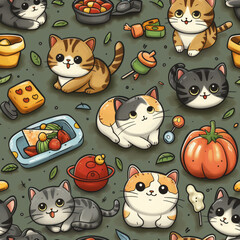 Whimsical Cat Treats Pattern Wallpaper